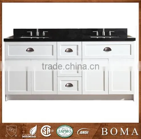 Glossy Black Marble Countertop Paired With White Solid Wood Bathroom Cabinet
