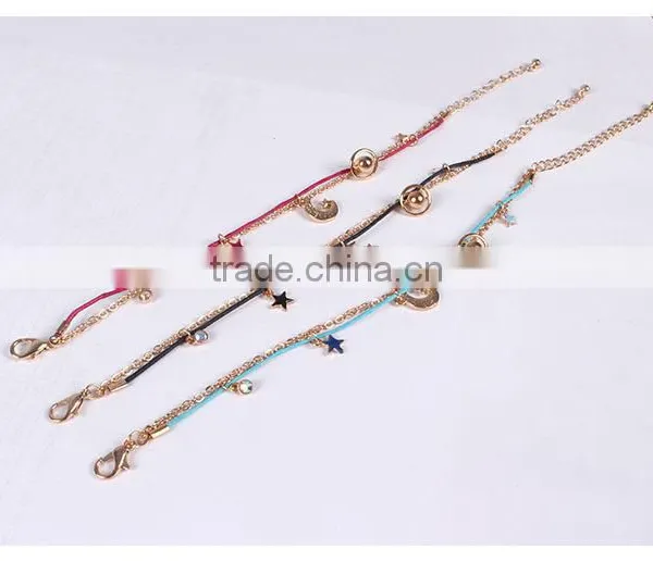 Star Moon Planet Tiny Rhinestone Charms Bracelet Double Layer Cotton Cord Gold Chain Bracelet photo-4