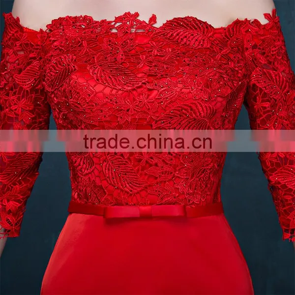 MGOO Brand Design Custom Long Dress Transparent Red Lace Long Dress Off Shoulder Applique Long Sleeves Prom Dress 2069 photo-4