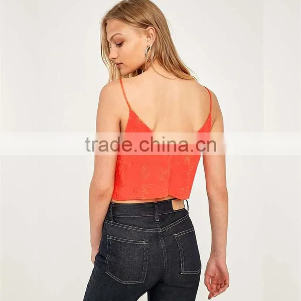 Jacquard Low Cut Spaghetti Straps Cropped Cami Womens Tank Top With Buttons photo-5