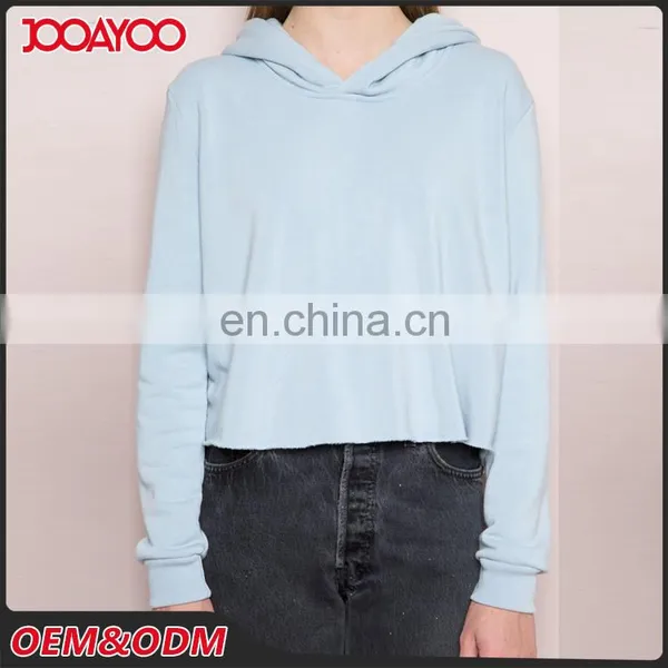 Soft Fleece-lined Pastel Blue Cropped Raw Cut Hems Blank Pullover Hoodie photo-5