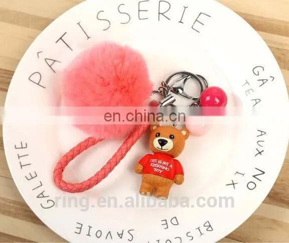 Rabbit Fur Ball WIth Bear Pendant Pom Pom Keychain With Leather Cord photo-6