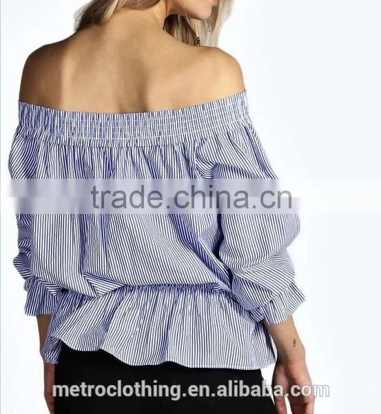 2015 China Manufacturer Customized Ladies the Latest Design Shoulder Striped Blouse photo-3