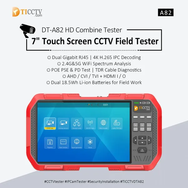 TICCTV DT‑A82 HD Combine/CCTV Tester 7 Inch Touch Screen IP Camera CCTV Tester Support WIFI POE HDMI Analog Camera Test