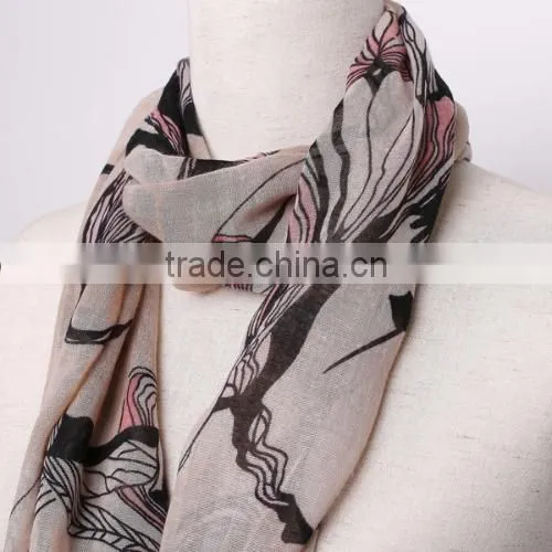 Khaki Begonia Flower Ink Style Long Cotton Neck Scarf Shawl photo-6