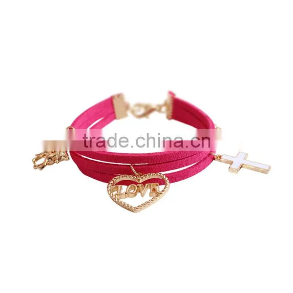 Gold Love Heart Cross Horse Feather Charms Sude Leather Bracelet Multi Layer Velvet Leather Bracelet photo-4