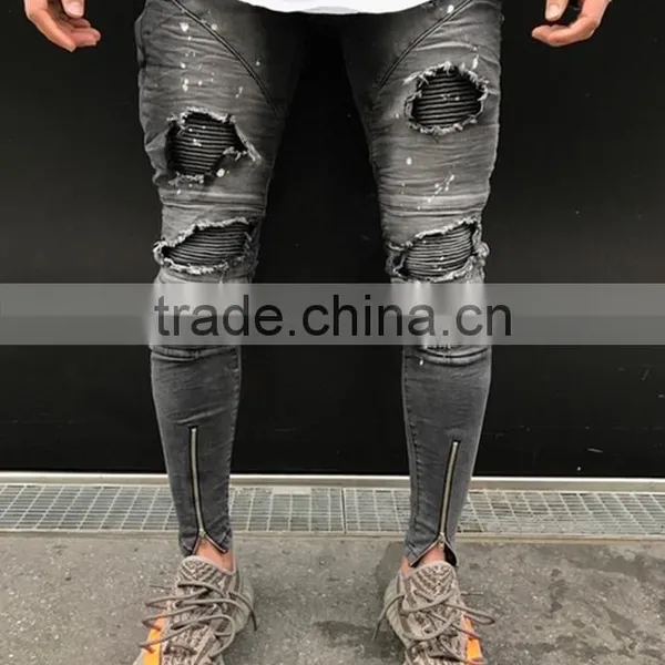 Hotsale High Quanlity New Style Jeans Pent Men Blue Distressed Leather Biker Jeans With Zipper for Men Wholesale China photo-5