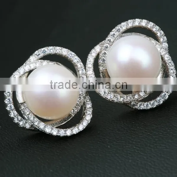 2016 Hot New Elegant Natural Pearl and Zirconia Stud Earrings in 925 Sterling Silver photo-2