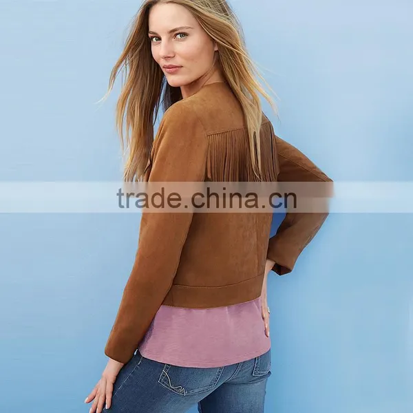 2017 Fashion Lady Short Autumn Women Leather Coat Bomber Jacket With Tassell photo-2
