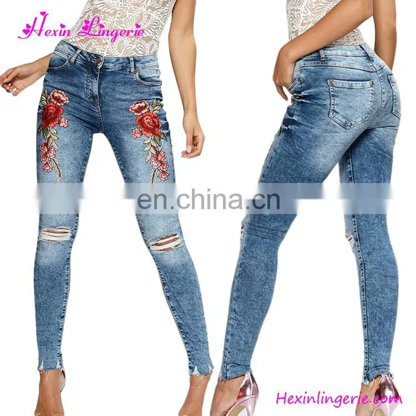Latest Girls Light Blue High Waist Holes Embroidery Tight Jeans 2017 photo-5