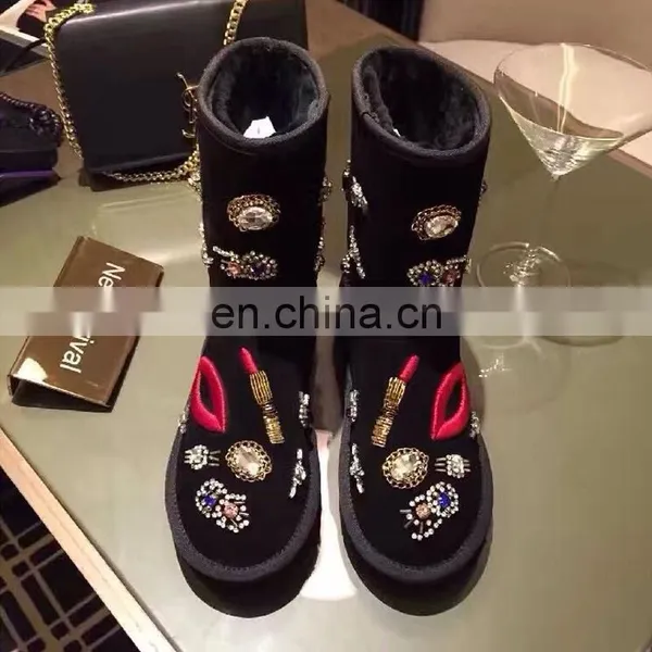 Aidocrystal Fashion Sexy Black Comfort Red Lip and Lipsticks Pattern Boots With Rhinestone Upper for Women photo-3