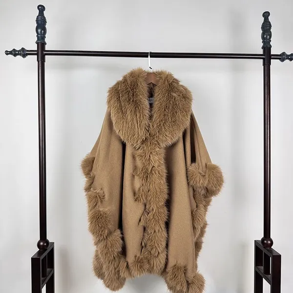 Hot-selling large-collared cape shawl, mid-length fox string fur coat for autumn and winter, versatile and warm for women
