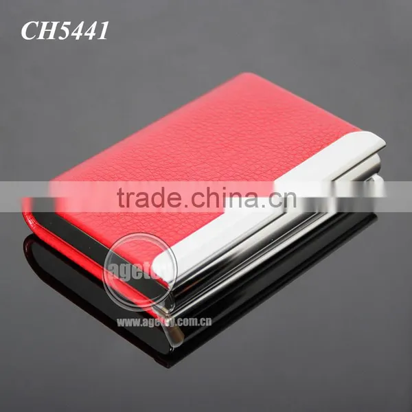 Lichee Pattern Red Leather Flannelette Lining Stainless Steel Promotional Metal Leather Credit Card Holders photo-5