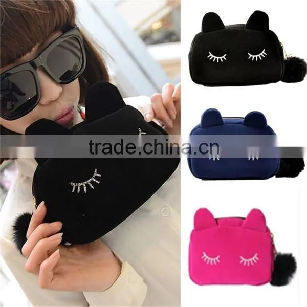 2015 Free Shipping! Fashion Small Cute Lovely Women's Handbag Flannel Cartoon Clutches Cat Beauty Make-up Evening Bags