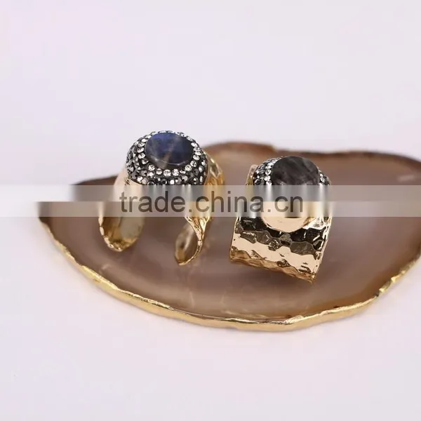 Natural Labradorite Rhinestone Crystal Paved Wide Rings Gold Plated, Labradorite Gemstone Jewelry Rings photo-4