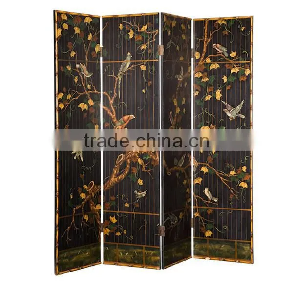 Traditional Hand Painting Three Door Folding Screen, Retro Furniture Decorative Wooden Floor Screen With Crackle photo-2