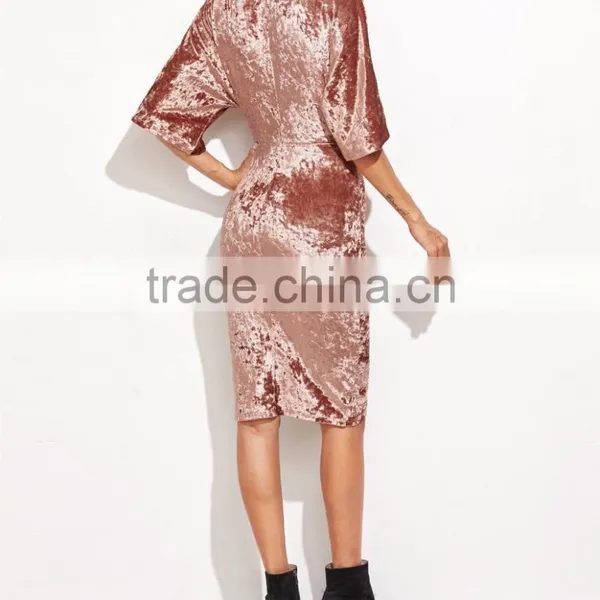 Womens Half Sleeve Crushed Velvet Wrap Dress Ladies V Neck Tunic Irregularity Velvet Knee Length Dress photo-2