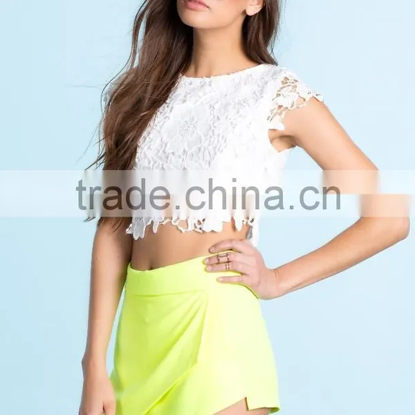 Full Zip Closure Cap Sleeve Crochet Crop Top Women Top Selling Products in photo-3