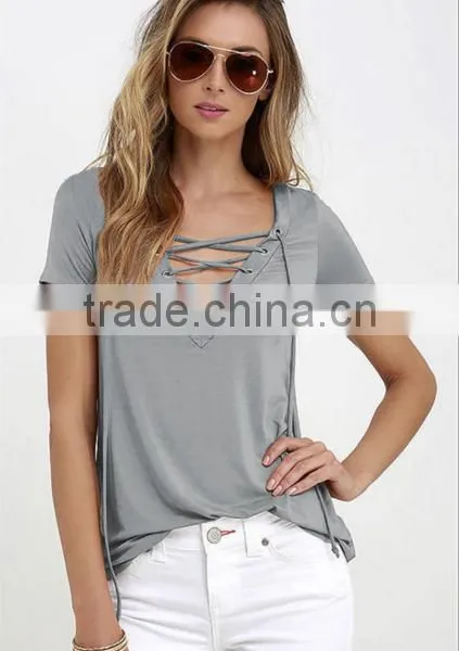 2017 Summer Europe and the United States V Collar Solid Color Tie Female T Shirt Shirt photo-6