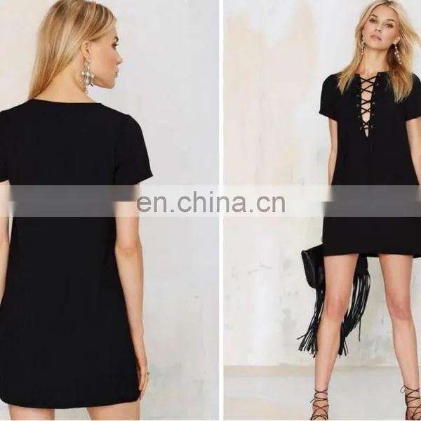 Short Sleeve Faux Suede Lace up Dress photo-2