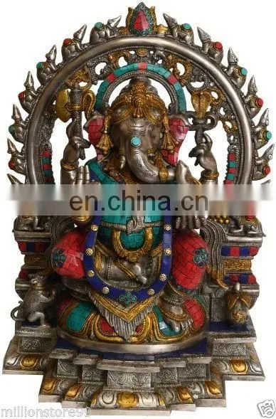 Indian GOD Ganesha Rat On Throne 18.5" Large Brass Stone Statue Figure Hindu Art 18 KG Sculpture Ganesha Religious Statue Art