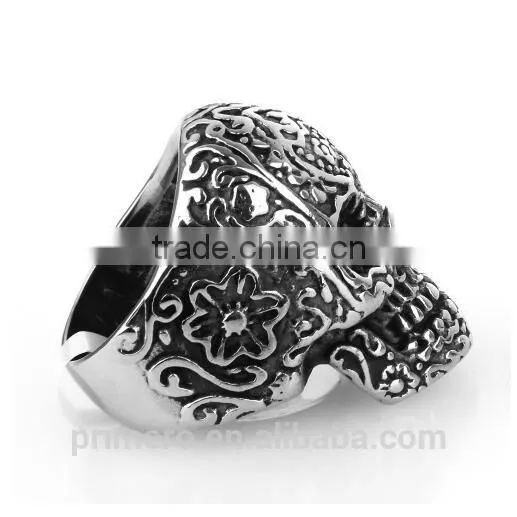 Fashion Flower Skull Gothic Black Poker Party Rock Biker Stainless Steel Terminator Ring photo-5