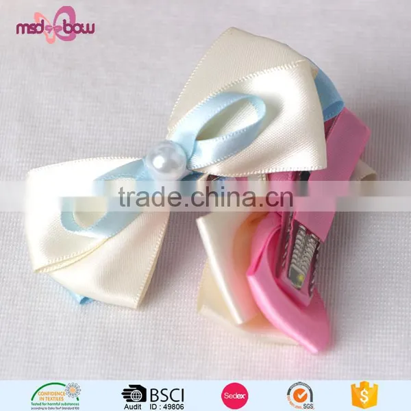 Fancy Design Girls Pink Ribbon Bow Hairgrips Alligator Hair Clip With Bead photo-6