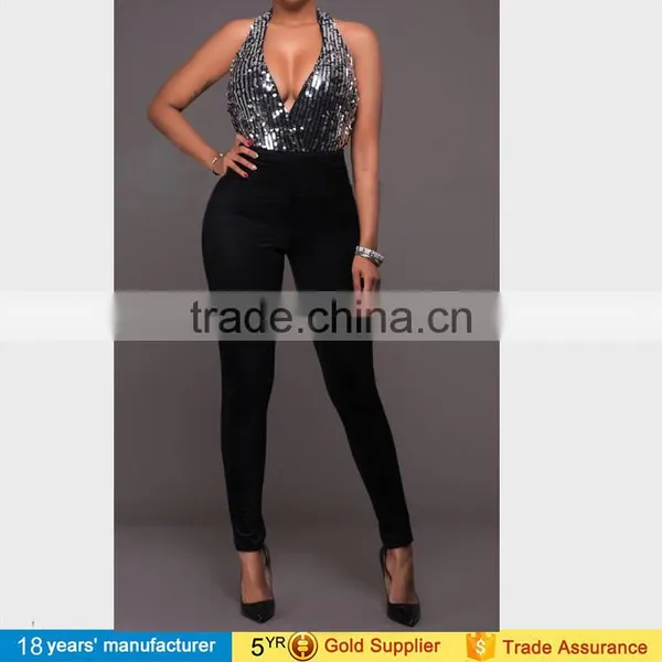 2014 New Women Block Color BLACK WHITE Tie Long Plus Size Wide Leg Soft Elegant Women Stripe Evening Jumpsuit OEM Cheap Bulk photo-2