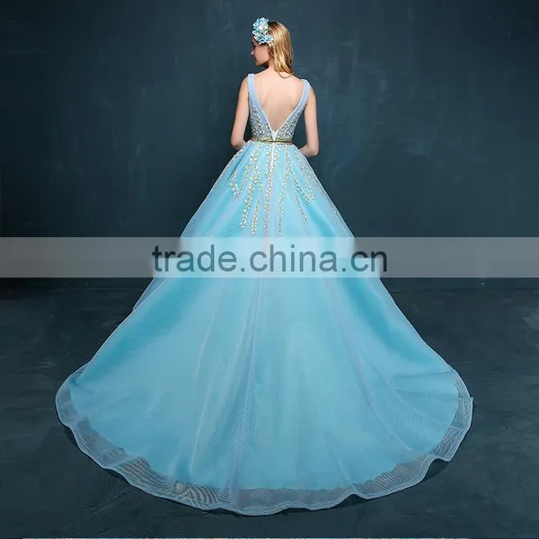 MGOO New Coming Popular Pageant Dress For Women Sky Blue Sheer V Neck Embroidery Floral Dress Evening Long 2260 photo-2