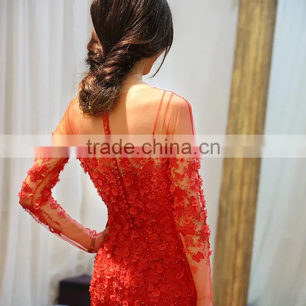 MGOO Top Selling Handmade China TraditionalWedding Dress Pearl Evening Dress Red Long Sleeve Prom Dress 2065 photo-2