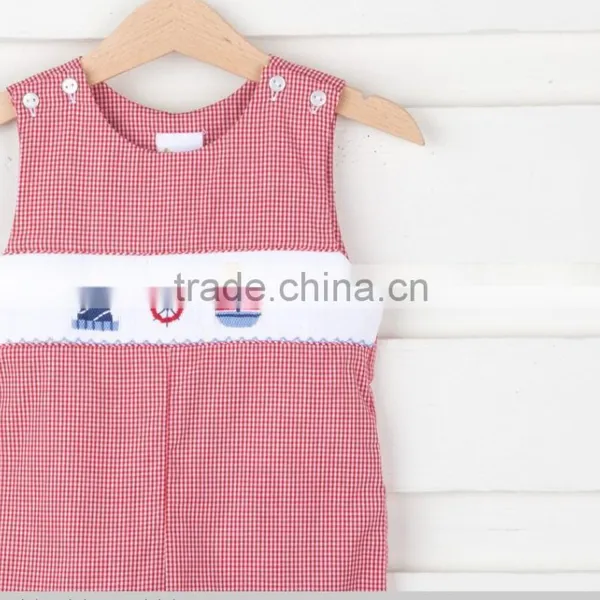 Baby Boy Wear Clothes Red Plald Sleeveless Boat Smocked Shorts Romper Set photo-2