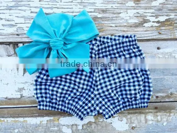 Red Gingham Cute Bloomer With Navy Bowknot Headband Set New Born Baby Clothes Set photo-2