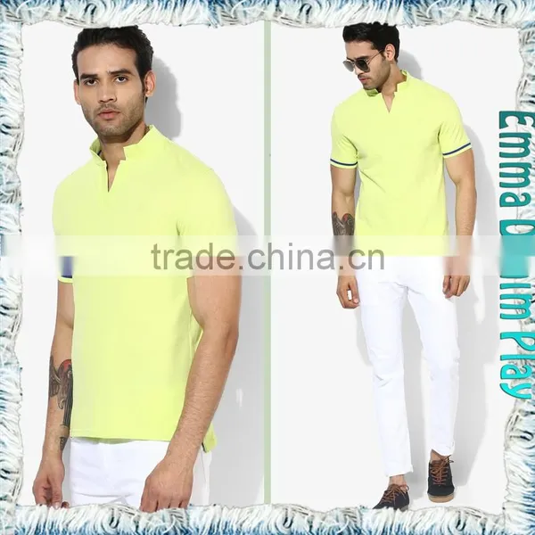 2017 Yellow Mens Contrast Trimming Slit Collar T-shirts photo-4
