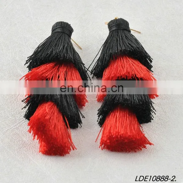 Black & Red Tassel Stack Earrings Layered Silk Tassel Earrings Boho Jewelry photo-2