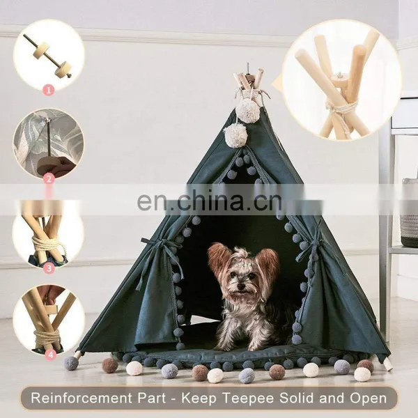 Pet Teepee House Indian Tents Wood Canvas Teepee Fold Away Pet Tent Furniture Cat Bed photo-2