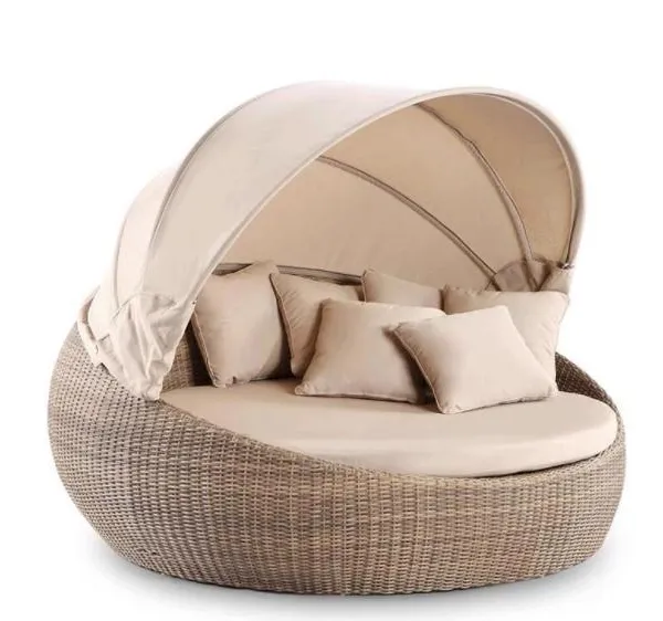 Oval All-Weather Wicker Outdoor Daybed With Retractable Sun Canopy, Rattan Round Lounge Sofa With Cushions for Poolside, Garden & Villa Terrace
