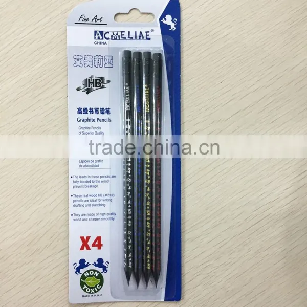 Standard Size Round Shape Black Wood Blister Card HB Pencil With Heat Rolling Logo