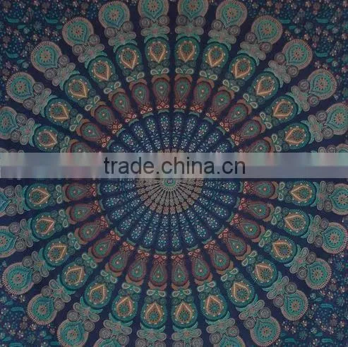 Bohemian Block Printed Bed Sheet /Bed Spread Hippie Mandala Indian Tapestry, Blue Cotton Mandala Bed Cover photo-2