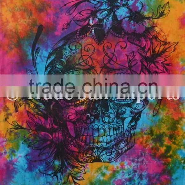 Hippie Twin Skull Tie & Dye Wall Art Boho Cotton Wall Hanging Home Decor Tapestry photo-2