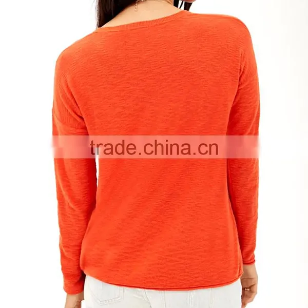 Simple Soft Slub 100% Cotton Round Neck Female Pullover Sweater photo-3