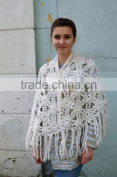 Vintage White Crochet Shawl, Soft Crochet Fringe Wrap, Wedding Shawl Wrap, Bride Shawl Ivory Wedding photo-5