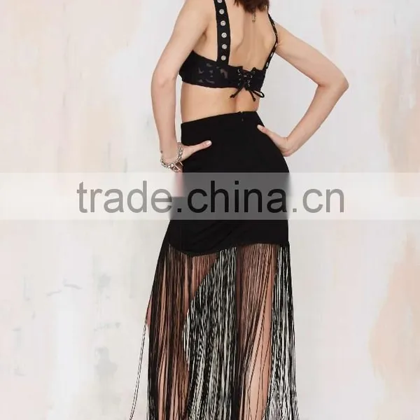 New Design Fashion With Belts Around Asymmetrical Fringe Long Skirt photo-5