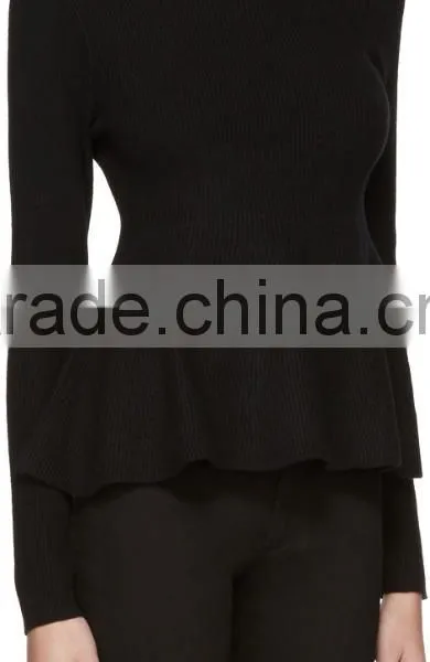 High Quality Women Plain Black Long Sleeve Rib Knit Pullover With Peplum Hem photo-2