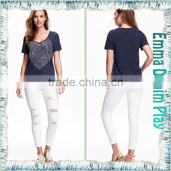 2016 New Designs Wide Open Neck Blue Printing Cotton T Shirts for Sexy Womens photo-3