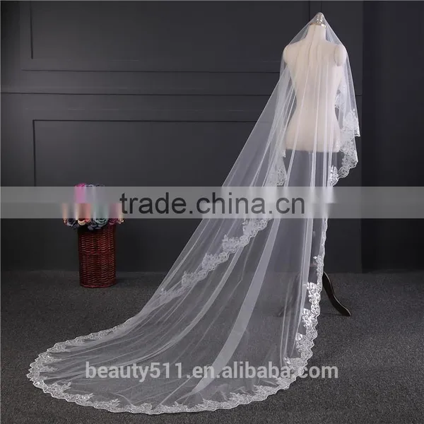 2017 Wholesale New Grance Long Lace Bridal Wedding Veil Fashionable Long Tulle HL23 photo-3