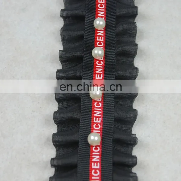 Black Color Beaded Chiffon Ruffle Pearl Trim in 2.5cm photo-2