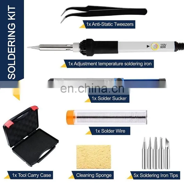 12 Pieces Set Adjustable Temperature Soldering Iron Kit 60w /110v With 5 Bonus Tips in Various Sizes photo-2