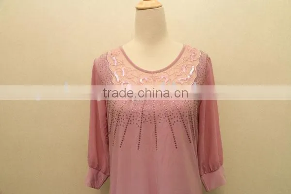 Ladies Fashion Lace Pink Chiffon Jewel Blouse photo-3