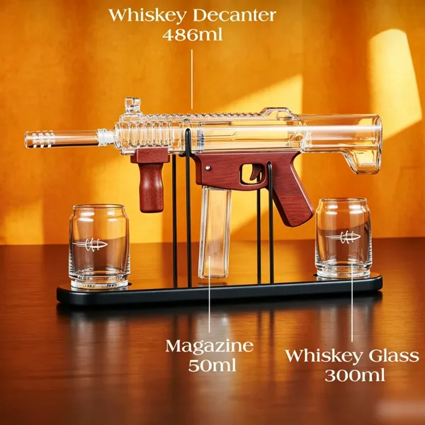 Huaqi Glass China Gun Shape Whiskey Decanter Set, Submachine Gun Liquor Bottle With Cups & Metal Rack, Wholesale Bar Drinkware photo-2