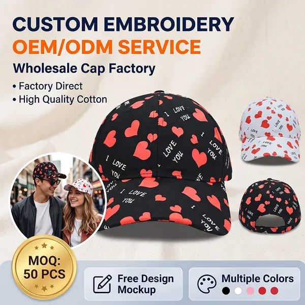 14 Years Certified Hat Manufacturer Custom Hats Low MOQ Printed Heart Cotton Dad Hat